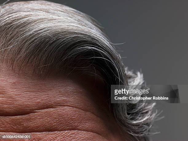 macro shot of senior man's hair and forehead - haare mann stock-fotos und bilder