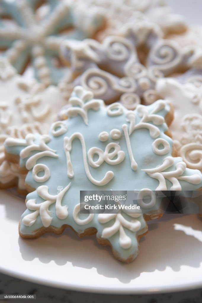 Christmas cookies in shape of snow flake, close-up