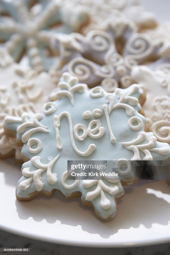 Christmas cookies in shape of snow flake, close-up
