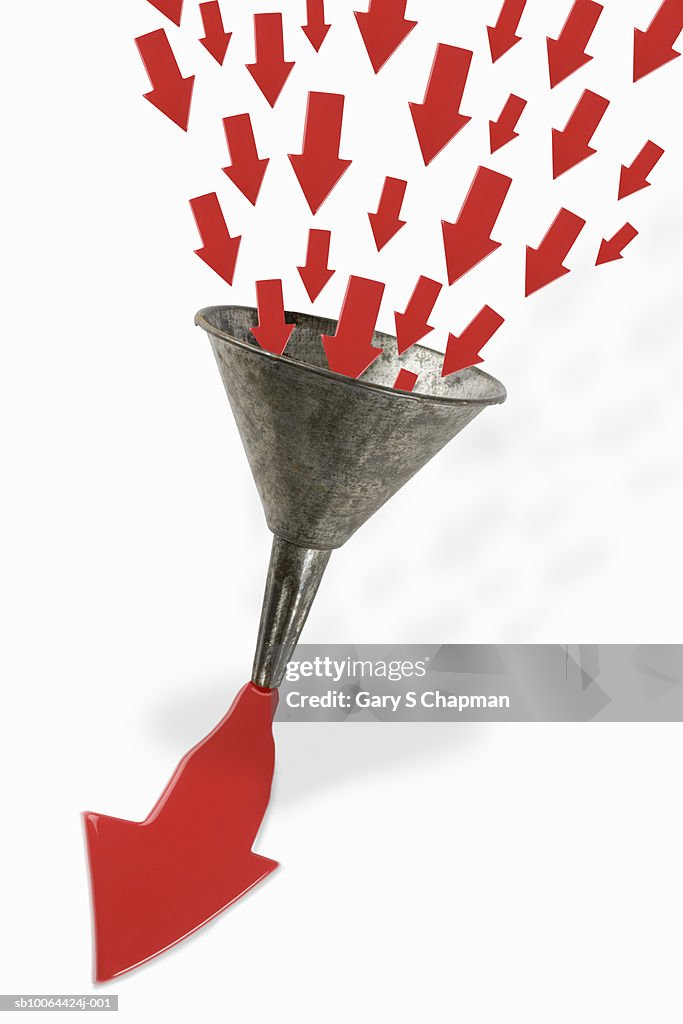 Small arrows entering funnel and exiting as one arrow (Digital Composite)