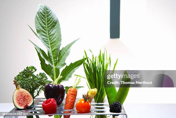 test tube holder with different vegetables and fruits, studio shot - antioxidant 個照片及圖片檔