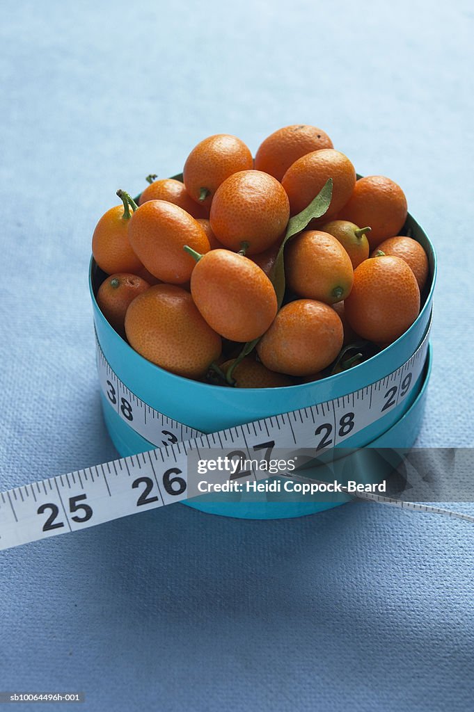 Box of kumquats with measuring tape around them