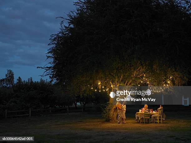 friends talking and dancing in yard at dusk - lampion verlichting stockfoto's en -beelden