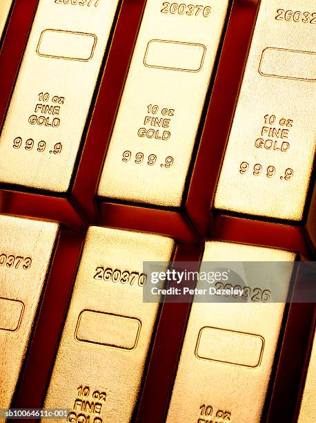 gold ingots in rows, close-up (full frame) - goldbarren stock-fotos und bilder