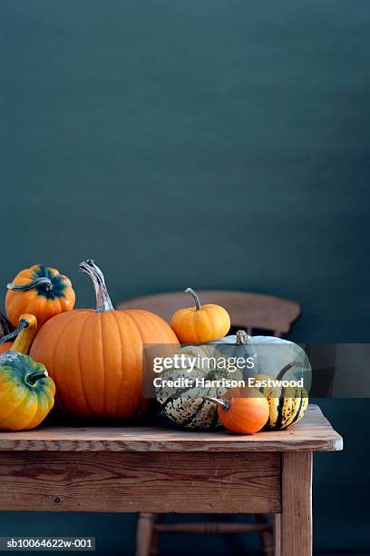 selection of pumpkins and squash on table - inside of pumpkin stock pictures, royalty-free photos & images