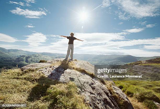 boy (8-9) standing on top of rock with arms outstretched - 腕を広げる ストックフォトと画像