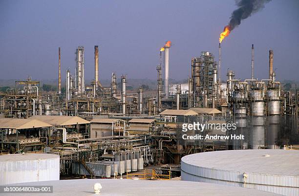flare stack burning waste gas at oil refinery - olieraffinaderij stockfoto's en -beelden