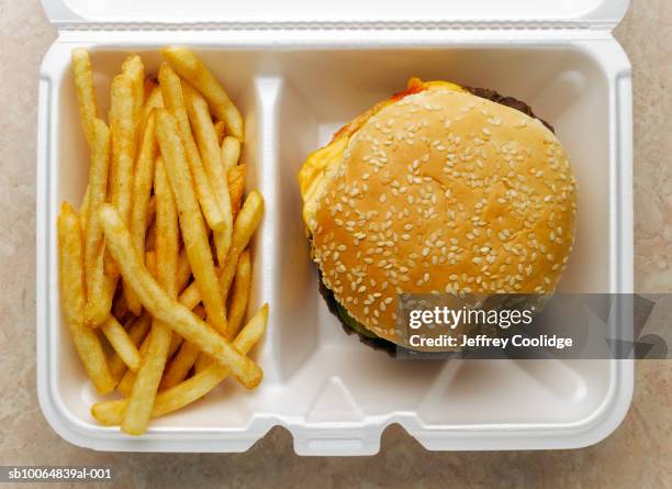 cheeseburger and french fries in take-out container - burger top view stock pictures, royalty-free photos & images