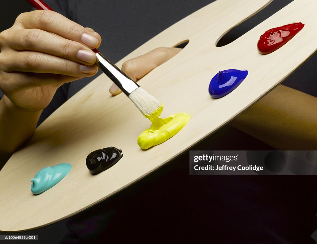 Female hand dipping paint brush into paints on palette