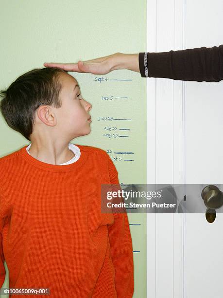 woman measuring boy's (6-7) height against wall marked with dates - child's wall height stock-fotos und bilder