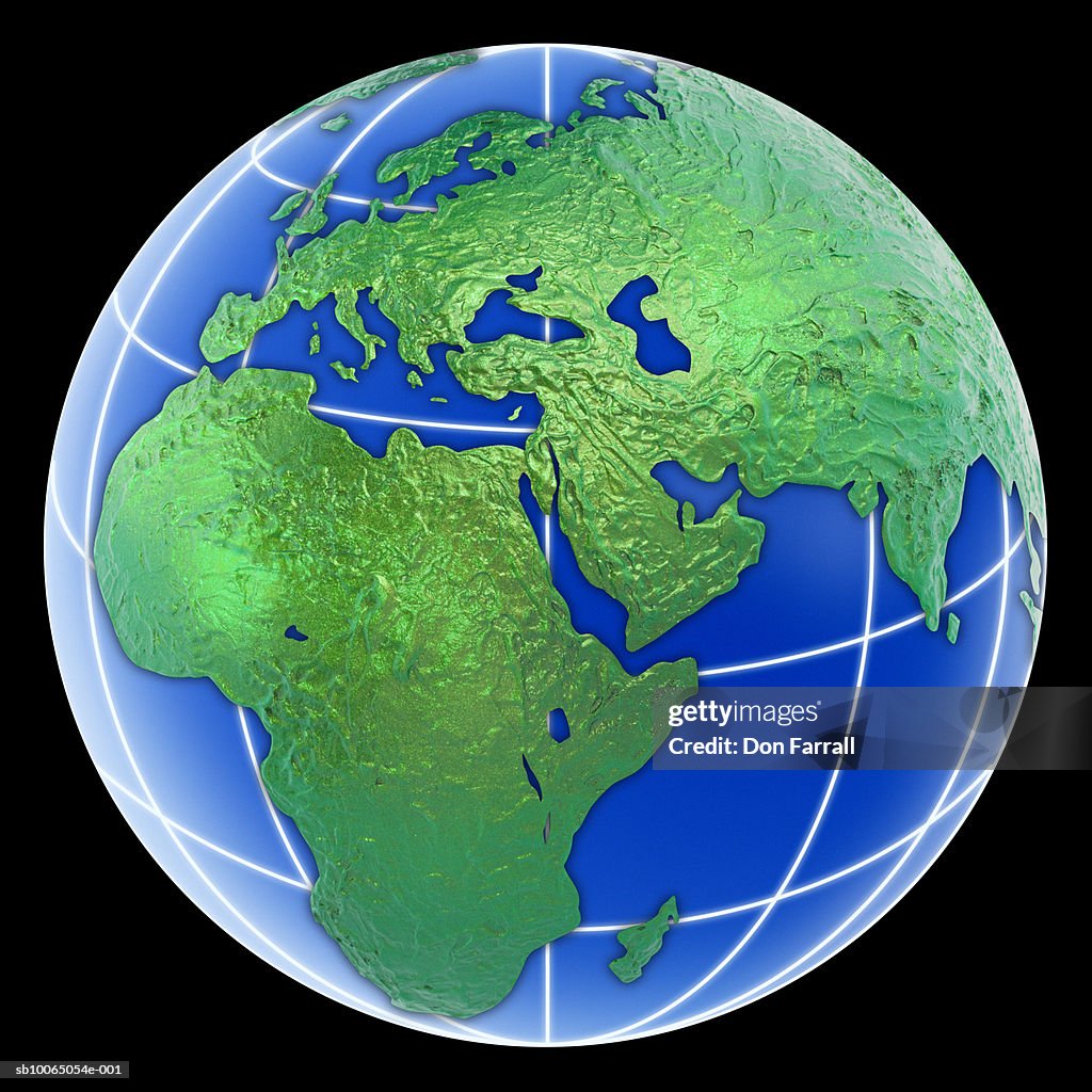 Globe on Africa and Middle East with grid, black background