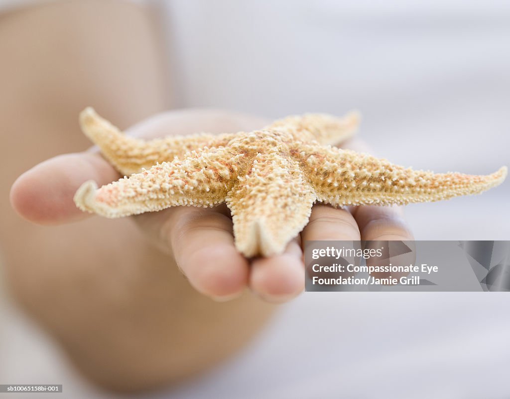 Person holding starfish, close-up of hand