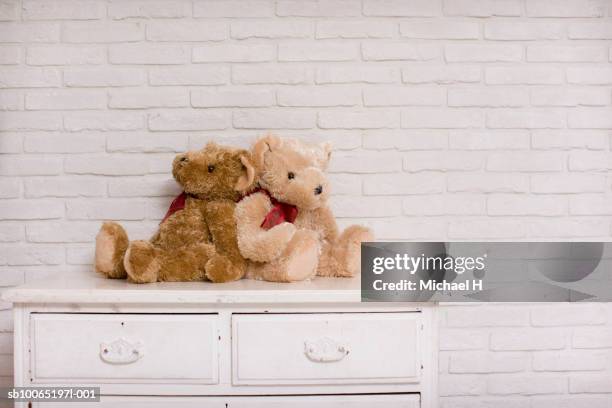 two teddy bears sitting on chest - boureau stock pictures, royalty-free photos & images