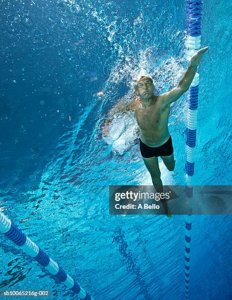 senior man swimming in pool, underwater view - length stock pictures, royalty-free photos & images