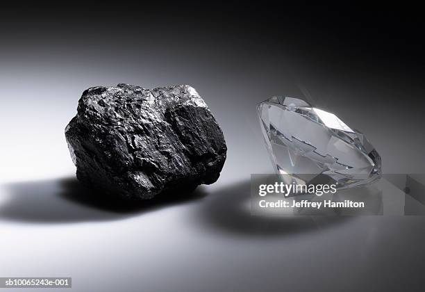 diamond and piece of coal - carbon cycle stock pictures, royalty-free photos & images