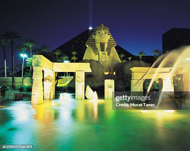 replica of egyptian sphinx statue at night - hôtel luxor photos et images de collection