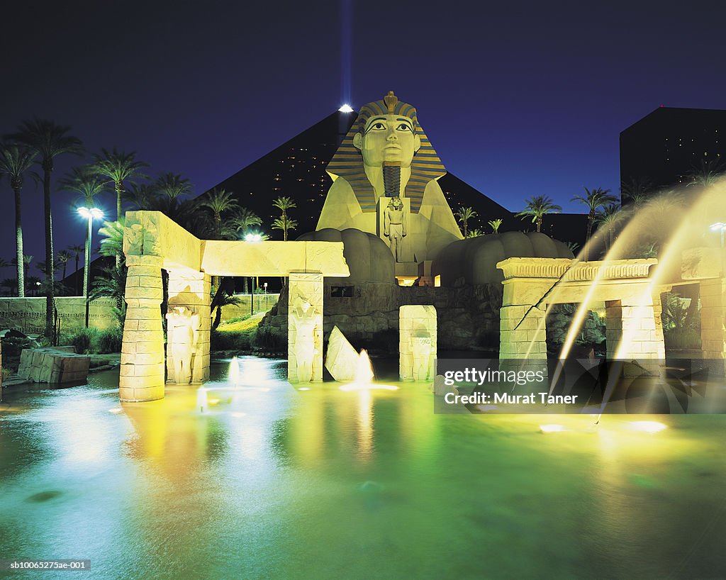 Replica of  Egyptian Sphinx statue at night