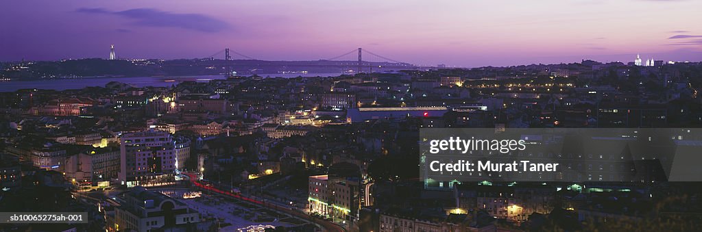 Skyline view of Lisbon at dusk, elevated view