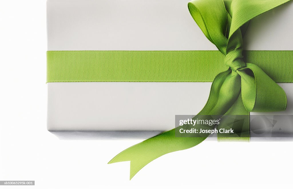 Gift with green ribbon, overhead view