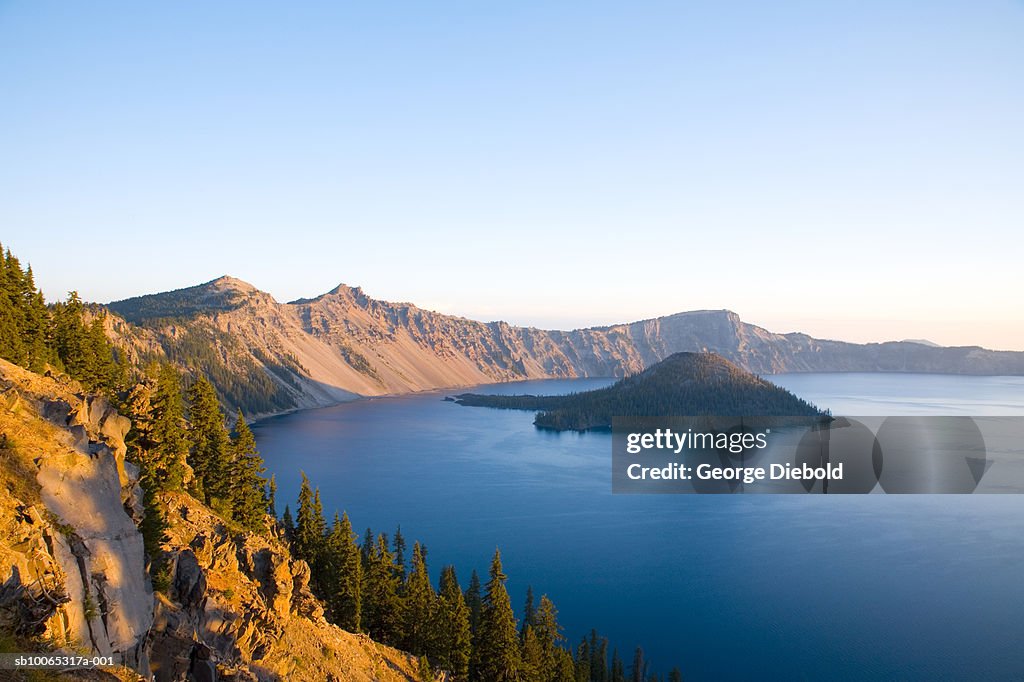 USA, Oregon, Crater Lake at sunrise, elevated view