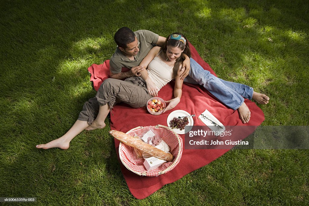 Couple picnicking in park, elevated view