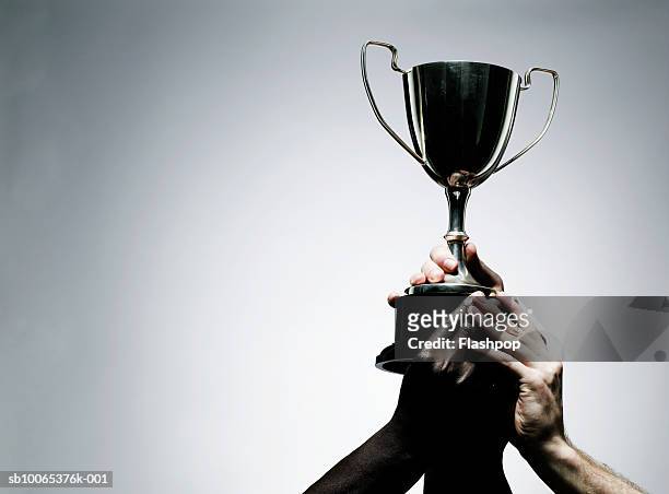 two men holding trophy, close-up - trofeo foto e immagini stock