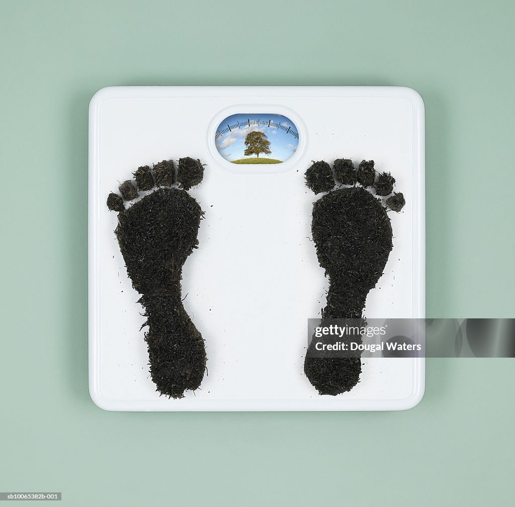 Coal footprints on weight scale, studio shot
