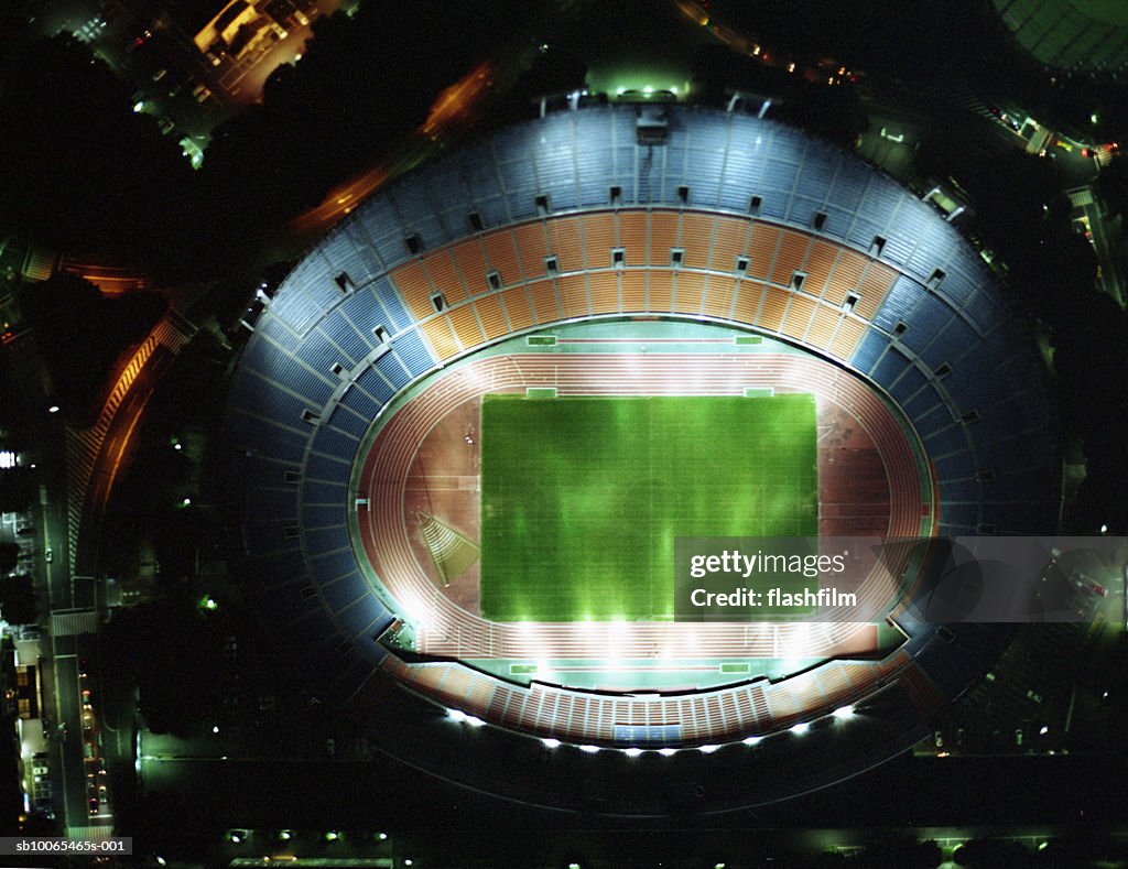 Japan, Tokyo, Shinjuku, National Stadium of Japan, aerial view, shot directly above at night