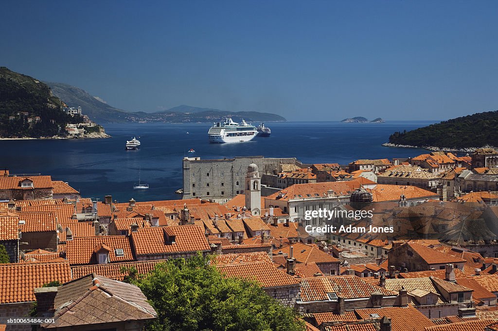 Croatia, Dubrovnik, cruise ship docked in historic harbour
