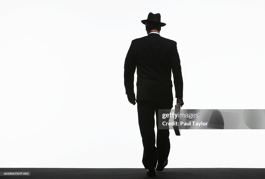 Silhouette of businessman walking with briefcase, rear view