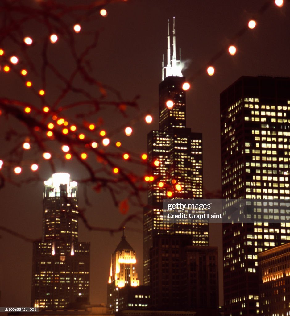 USA, Chicago, Sears Tower viewed from Grant Park with christmas lights on trees