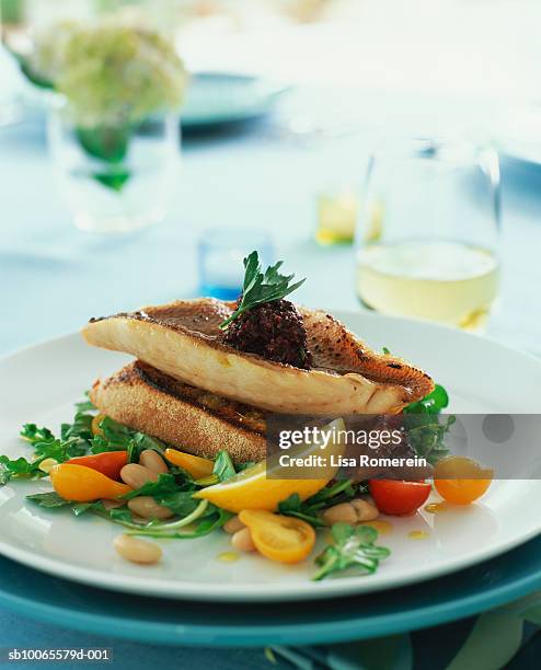 red snapper fillets on garlic toasts with arugula white bean salad - schnapper stock-fotos und bilder