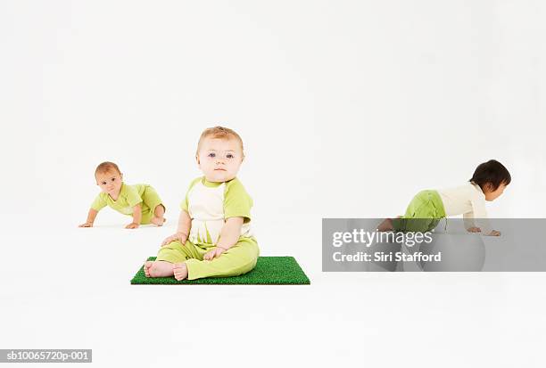 three babies (9-12 months) on white background, one sitting on patch of grass - grass patch stock pictures, royalty-free photos & images