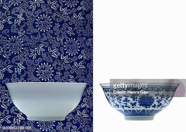 one white and one blue porcelain bowl (opposite backgrounds) - blue bowl foto e immagini stock