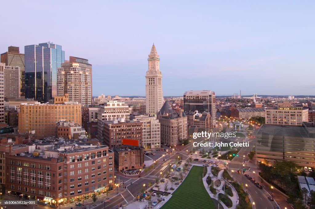 USA, Massachusetts, Boston, skyscrapers and cityscape at dusk
