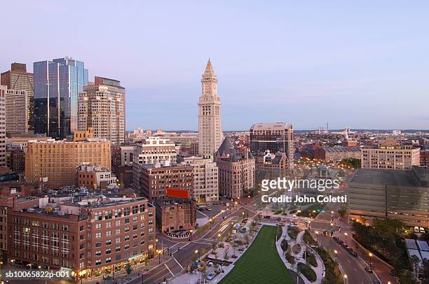 usa, massachusetts, boston, skyscrapers and cityscape at dusk - boston massachusetts stock-fotos und bilder
