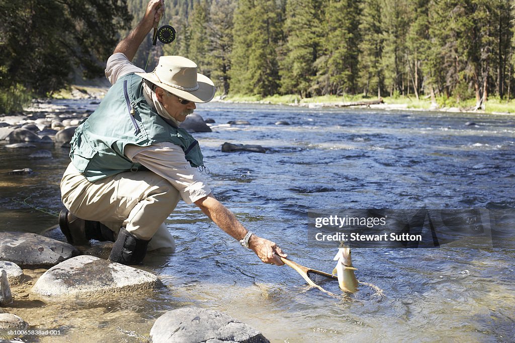 Senior man catching fish in river