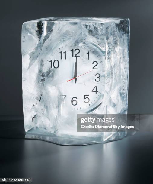 alarm clock frozen in ice, close-up - freeze ideas stock pictures, royalty-free photos & images