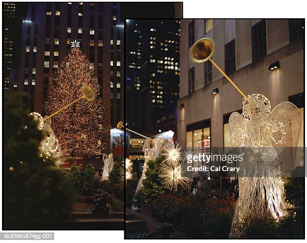 usa, new york, new york city, rockefeller centre in christmas decorations - ロックフェラーセンターのクリスマスツリー ストックフォトと画像