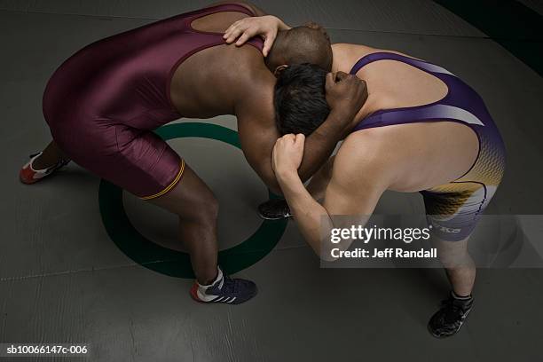 two men wrestling, elevated view - wrestling foto e immagini stock