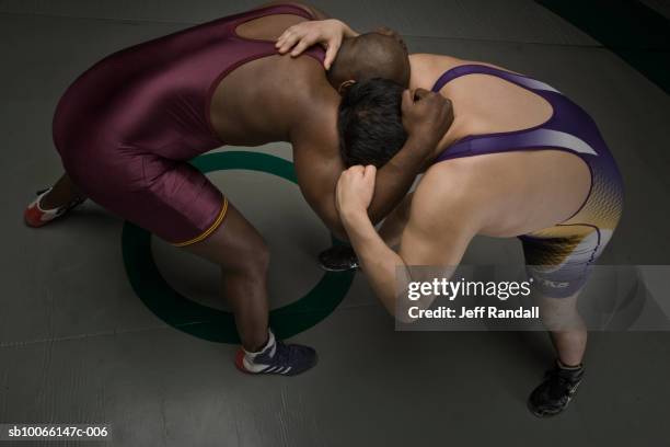 two men wrestling, elevated view - african american wrestlers bildbanksfoton och bilder