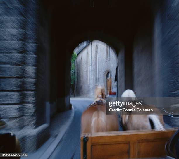 horses pulling cart and into archway (blurred motion) - saltzburg stock pictures, royalty-free photos & images