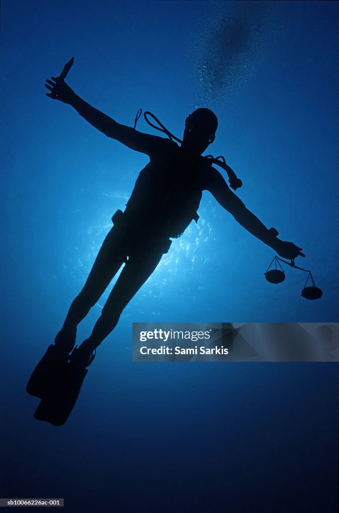 Silhouette of diver with knife and weight scale, underwater view