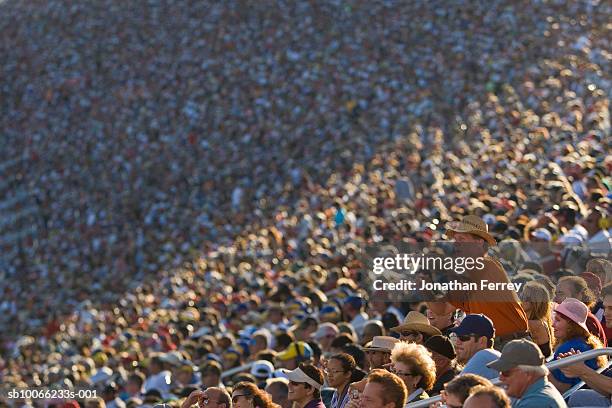 crowd in stadium watching stock car racing, man standing out from crowd pointing - watching nascar stock pictures, royalty-free photos & images