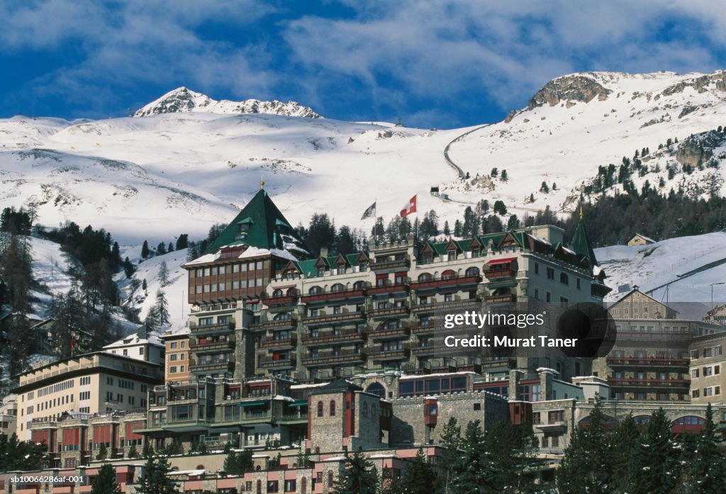 Switzerland, St Moritz, ski resort in winter