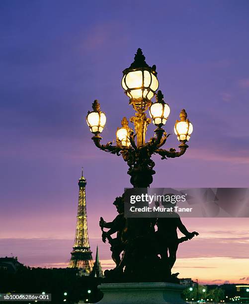 france, paris, statues and lamp post on pont alexandre iii bridge, eiffel tower in background - street light post stock pictures, royalty-free photos & images