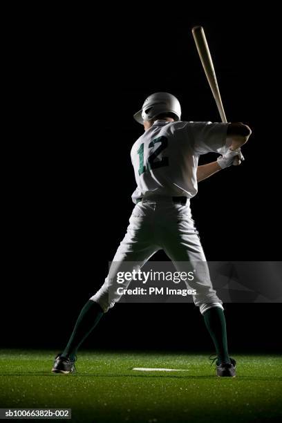 baseball batter in batting stance, rear view - battere la palla foto e immagini stock