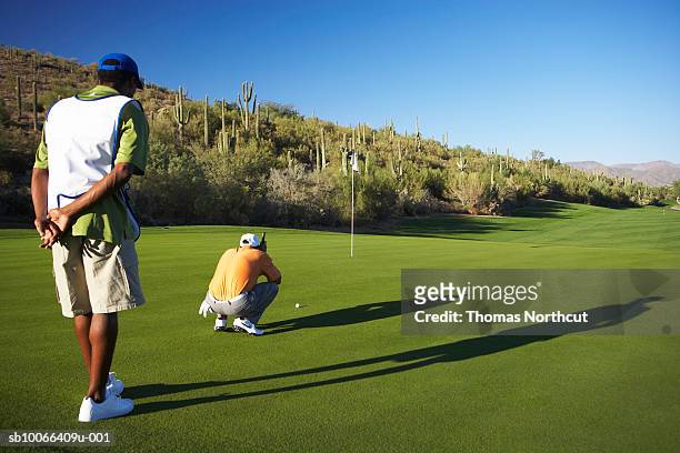two male golfers on putting green at golf course - golf putter stock pictures, royalty-free photos & images