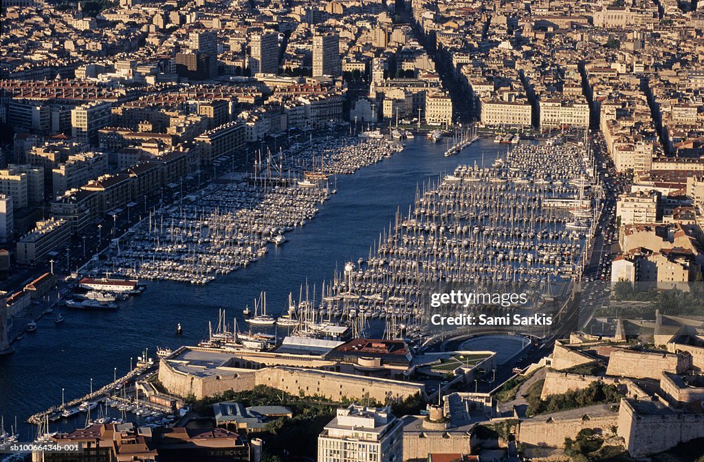 France, Marseille, Vieux Port, Moored sailboats in harbour, aerial view