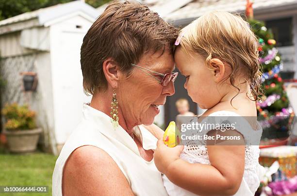 grandmother face to face with granddaughter (20-24 months) in garden with christmas tree - christmas australia stock pictures, royalty-free photos & images